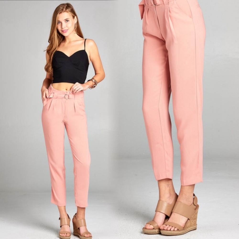 Pink high waisted belted pants